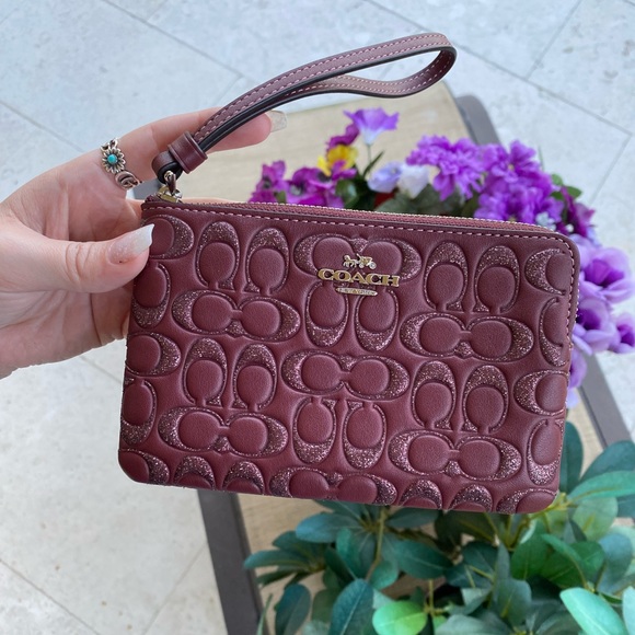 Coach Red Burgundy Leather & Glitter Embossed Logo Zippered Wristlet - Picture 14 of 16